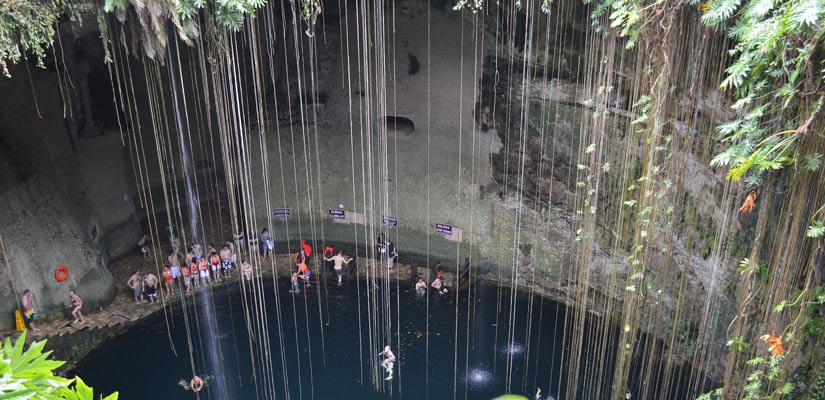 tourists swimming in a cenote
