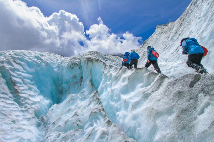 people trekking on a glacier