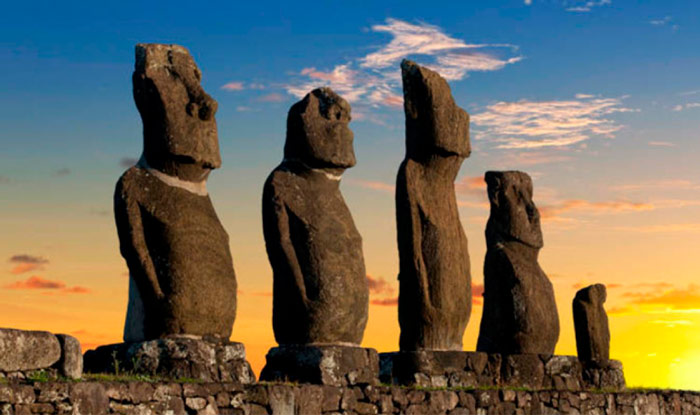 Close-up of the moais at sunset in Easter Island