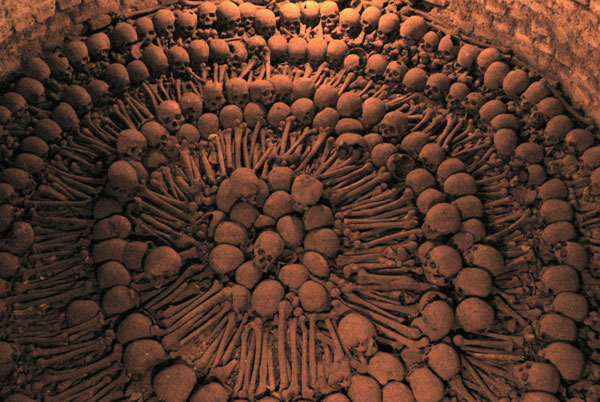 Sculpture with human remains in the catacombs of San Francisco