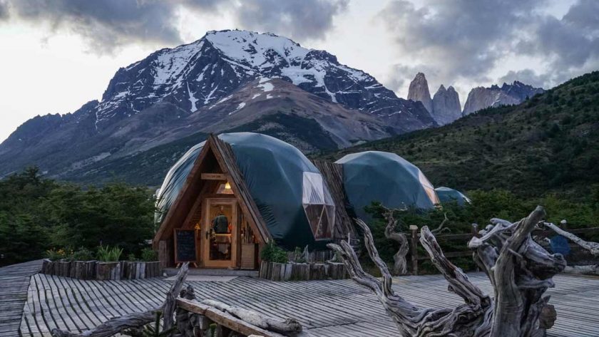 refuge in torres del paine with mountains in the back