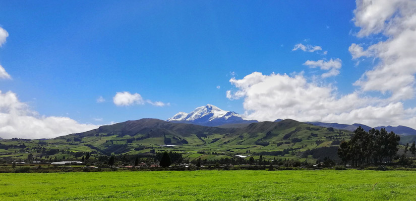 views of the Cayambe volcano with the snow-capped peak in the background